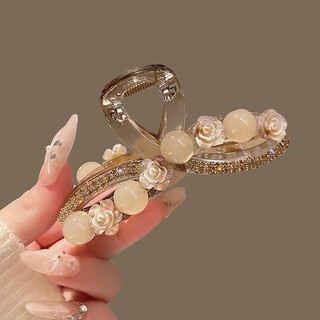 Wanyao elegant little fragrance camellia beads clip large size hair clip for women with large hair volume high-end hair shark clip on the back of the head 8-character camellia clip 9cm