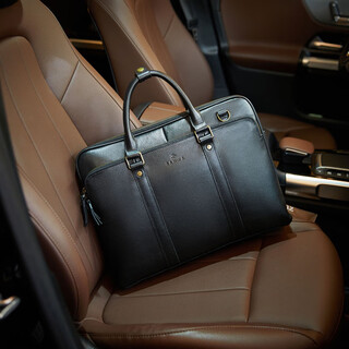 Sanwa imported genuine leather portable briefcase, men's first-layer cowhide business trip business laptop bag, shoulder bag, elegant black 14 inches
