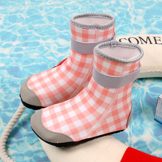 Ziwu dry sea shoes, children's socks, high-tube beach shoes, socks, water park swimming wading shoes, adult river tracing shoes, non-slip and anti-cut, high-tube pink plaid velcro, size 30-31 suitable for feet 16.4-17.6cm long