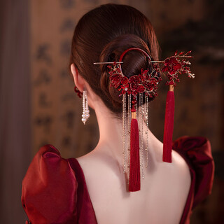 Meng junchen new chinese style hair accessories set red flower updo tassel hairpin ancient style xiuhe wedding bridal hairpin headdress sx57c set
