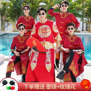 Yiruiyang groomsmen's gown, autumn and winter chinese style wedding clothing, men's coat, brotherhood clothes, groom's wedding suit, robe, joy wine red 175 (130-150jin jin is equal to 0.5 kg)