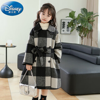 迪士尼儿童双面羊绒大衣秋冬季新款女童装宝宝羊毛呢外套格子保暖中长款 大格子 100 cm 建议身高100左右
