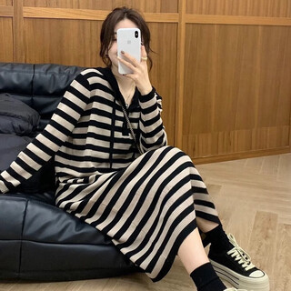 Geman maternity wear spring and autumn hooded knitted dress 2025 korean style fashion loose temperament casual striped sweater skirt striped skirt l