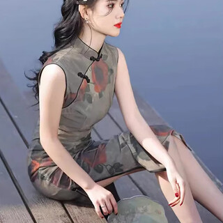 Du yanzhi spring and summer new style mesh printed rose double layer mid-length cheongsam sleeveless republic of china style old shanghai cheongsam rose 2xl 120-130jin jin equals 0.5kg (skirt 119cm)