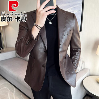 Pierre cardin business casual leather suit men's jacket 2025 new korean style slim small suit jacket autumn and winter leather clothing trend brown 3xl