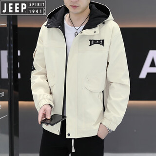 JEEP2025新款男士秋冬连帽外套国际品牌青年工装短款夹克休闲运动风衣 8801米色 3XL 145-160斤