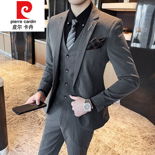 Pierre cardin suit men's wedding three-piece korean style casual formal suit jacket male groomsmen groom's dress knitted dark gray four-piece suit (jacket + pants + vest + white shirt) + tie m