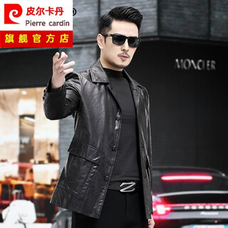 皮尔卡丹（pierre cardin）海宁头层油蜡牛皮风衣真皮皮衣男中长款西装领风衣爸爸皮夹克 黑色 XL 175(50)