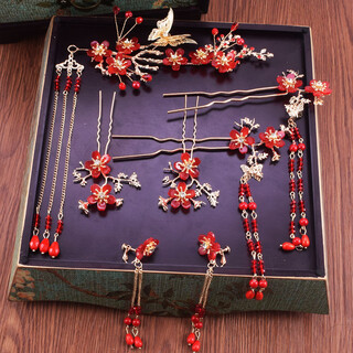 Wanbaozi ancient style hair accessories, han costume accessories, headwear, handmade hairpins, red butterfly step shake, ancient costume hairpins and earrings set, red set as shown in the picture
