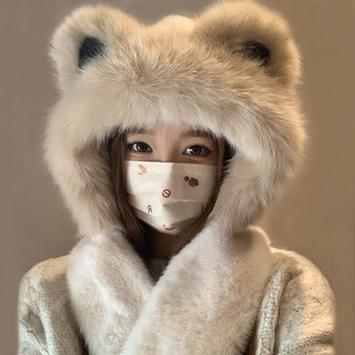 Yanyun cute bear plush hat and scarf all-in-one women's autumn and winter thickened warm cycling cycling coldproof ear-based hat beige