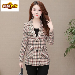 初径中年秋装女格子上衣短款洋气40岁50中老年女装妈妈春秋小西装外套 千鸟格 XL 建议85-105斤
