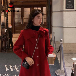 Aemape woolen coat for women 2025 spring, autumn and winter new style lady bow thickened temperament dragon and phoenix woolen coat for women new year burgundy l _recommendation 110-120jin jin is equal to 0.5 kg