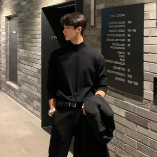 Poum half turtleneck sweater for men in spring, autumn and winter new style black inner warm trendy korean style loose bottoming sweater sm-002 black l