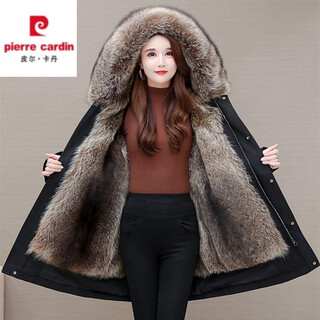 Pierre cardin parker women's mink liner detachable 2025 winter new fur all-in-one coat mid-length fur jacket 2xl 135-150jin jin equals 0.5kg medium-length black shell with three-color fur lining
