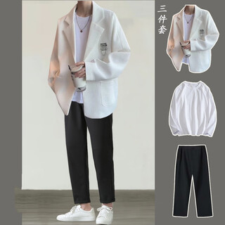 Gxmy waffle suit suit men's hong kong style with handsome casual suit jacket men's fashion brand three-piece suit white suit + white t + black trousers three-piece suit xl