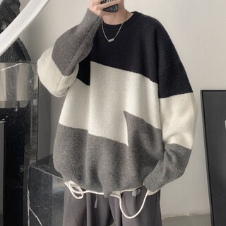 Jiaye (jiaye) color block sweater men's autumn and winter japanese round neck pullover trendy casual bottoming sweater jacket sweater black xl 125-140jin jin equals 0.5 kg