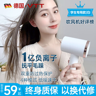 Vtt hair dryer household negative ion hair care high wind hair dryer campus silent portable high speed high power quick drying does not hurt the hair to send girlfriend birthday gift goddess model / white strong wind speed drying + negative ion hair care + quick drying + constant temperature