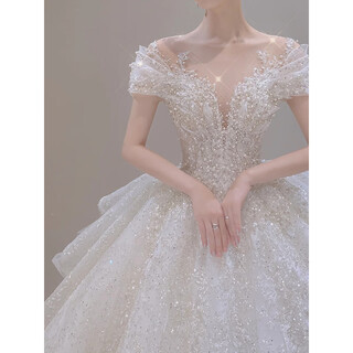 Wutuo light wedding dress french bride 2024 new one-shoulder retro heavy texture little man going out veil white floor-length style <single wedding dress no accessories> s 90jin jin is equal to about 0.5 kg