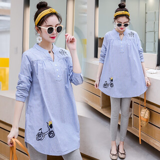 Maternity wear, spring and autumn shirts, long-sleeved shirts, mid-length autumn maternity wear, pure cotton two-piece striped tops for women, blue tops, long sleeves, l recommended 120-140 jin jin equals 0.5 kg