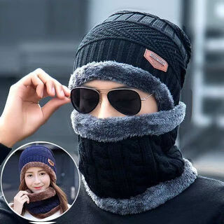 Hat winter unisex korean version plus velvet thickened knitted hat warm woolen hat hat and neck scarf two-piece set black (hat + neck warmer)-two-piece set-