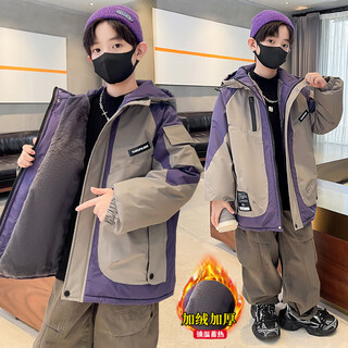 Monkey brother boy's winter korean style fashionable boys' mid-length velvet thickened windbreaker, medium and large children's winter warm top, purple 170 (recommended height is about 160cm)
