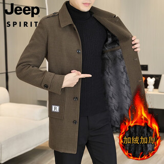 Jeep spirit windbreaker jacket men's winter velvet thickened 2024 new trendy casual lapel mid-length woolen coat jacket brown l 105-120jin jin equals 0.5 kg store manager
