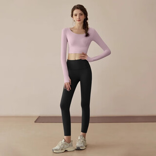 Youyou yoga wear women's new autumn and winter shockproof breathable outdoor sports long-sleeved pilates training wear 34015 violet + black yoga pants chest pad xl (recommended weight 130-145 jin jin equals 0.5 kg)