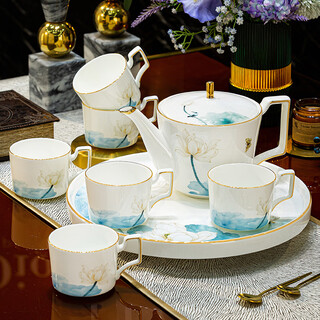 Nine cranes jingdezhen cup set 2024 new home light luxury bone china tea cup gift set tea set rotating tray high-end bone china water set 8-piece gift box