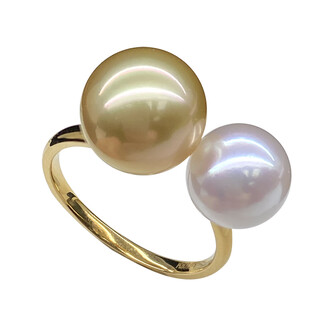 Black and white gold pearl, seawater gold pearl, akoya white bead ring, 18k gold double bead, double color mixed color temperament for women, gold beads 9~10mm, akoya 6~7mm