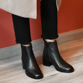 Belle step series brand broken genuine leather chelsea short boots women's high heels 2023 new spring and autumn single boots autumn and winter ankle-length naked boots black single liner 36