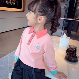 Nuo dou xiong girls long-sleeved lapel t-shirt spring and autumn new style 5 children's embroidered polo shirt little girl korean style bottoming top light pink 120 size