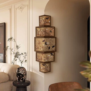 Jianzao living room corner decorative painting hundred butterflies antique corner hanging painting retro creative entrance hall background wall mural hundred butterflies 25*95*25cm teak color square solid wood frame (ss081)