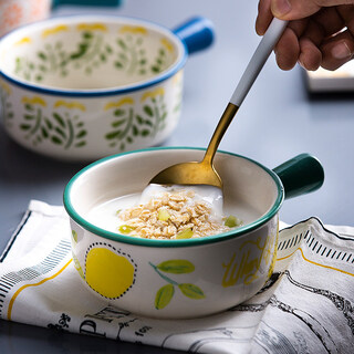 All-purpose baked rice bowl with handle, ceramic baking bowl, salad bowl, rice bowl, instant noodle bowl, cereal bowl, hand-painted lemon handle bowl, soup bowl