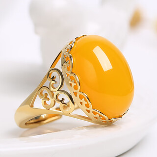 Sizan beeswax ring 925 silver inlaid with natural hand jewelry, chicken oil yellow ore old beeswax live mouth men and women, amber blood pool a type - chicken oil yellow ring 0 carat