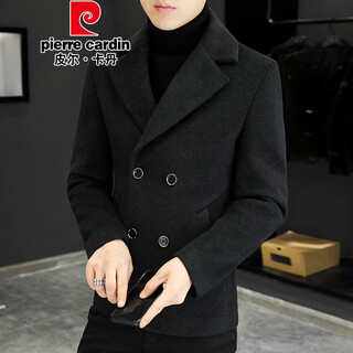 Pierre cardin autumn and winter large lapel short woolen coat men's korean medium woolen coat men's double-breasted nizi knitted black m