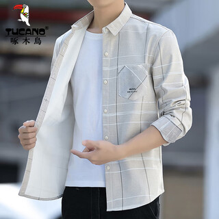 Woodpecker long-sleeved shirt men's autumn and winter velvet thickened new casual slim fashion business top plaid non-iron shirt 1611 khaki regular l