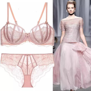 Victoria palace sexy lace hollow half-cup underwear, ultra-thin breathable slimming bra push-up comfortable bra set, skin color 75c, default m size underwear