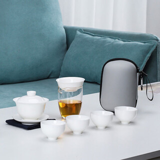 Yuantao kiln travel tea set suet jade kung fu tea cover bowl quick cup one pot four cups portable bag travel tea 02 yangchun baixue one bowl four cups