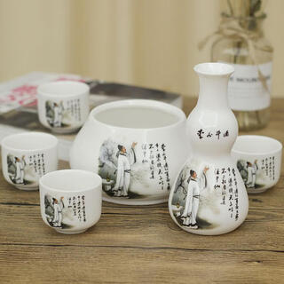 Chuge high-quality ceramic warm hot wine set, jug and wine glass set, household chinese style sake, white wine and yellow wine set gift, one pot, four cups and one wine warmer (gourd bottle) 6 pieces