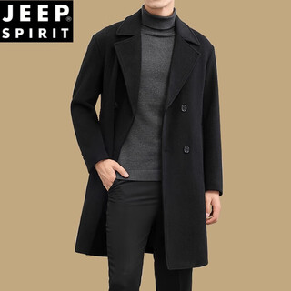Jeep spirit woolen coat for men, medium-length, young and middle-aged korean style cashmere men's windbreaker, winter thickened woolen coat, black (model) regular m 170 (recommended 100jin jin is equal to 0.5kg -120jin jin is equal to 0.5kg)