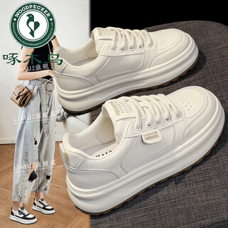 Woodpecker genuine leather round-toe white shoes for women 2025 autumn new thick-soled casual sneakers for students with skirts and sneakers off-white main picture 36