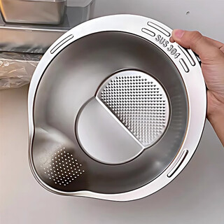 Baichang 304 stainless steel basin drain basket rice washing artifact rice washing sieve household kitchen vegetable washing drain basin filter basket 304 rice washing basin (natural color)