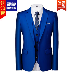 Romon light luxury suit men's korean style sapphire blue casual business professional formal groom's suit three-piece wedding dress new product sapphire blue single jacket l