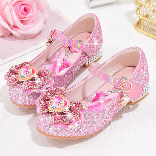 Yunyouli (yunyouli) aisha princess shoes spring and autumn new little girls high-heeled crystal shoes bow pink blue leather shoes children's shoes pink size 29 inner length 18.8 cm