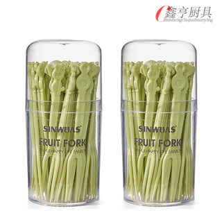 Changyin fruit fork set fruit pick disposable plastic two-tine household fruit cake sweet fork dessert small fork green two boxes