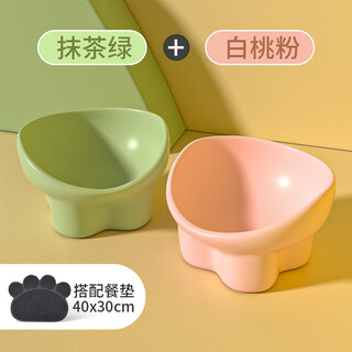 Qi oh cat bowl ceramic cat food bowl dog bowl food bowl cat rice bowl large diameter water bowl sloping bowl anti-tip pet supplies double bowl + anti-slip mat matcha green + white peach powder