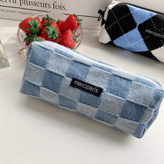 Qi shiyan pencil bag japanese canvas large capacity internet celebrity stationery bag 2022 new student checkerboard cosmetics storage bag korean version simple boys and girls primary and secondary school students sn4130 checkerboard denim trumpet