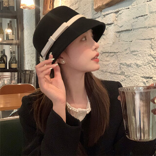 桃伊悠（taoyiyou）帽子女2024新款秋冬季法式赫本风礼帽百搭小香风渔夫帽显脸小盆帽 黑色 白边 M（56-58cm）