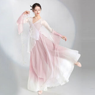 Hengtravler classical dance suit chinese folk dance elegant gauze practice suit performance suit han element top skirt gradient pink top + large swing culottes + original embroidery l size 110-120 does not support returns after use
