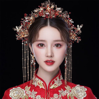 Haiyiduo bridal hair accessories, xiuhe clothing headdress, wedding bride's tassel step, phoenix crown, chinese wedding dressing gown, elegant and beautiful, model headdress set + ear hook style